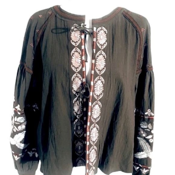NWT BOHO EMBROIDERED JACKET LARGE TIE FRONT RD+KoKo ARMY GREEN ORANGE WHITE - Picture 1 of 14